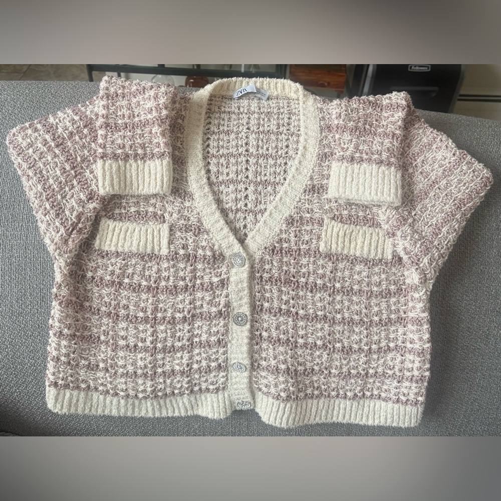 Zara Women's Cream, Pink and Gold Rare Cardigan